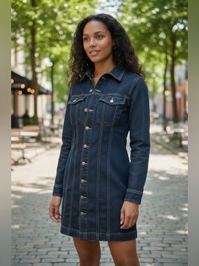 LOFT Dark Blue Denim Button-Front Mini Dress